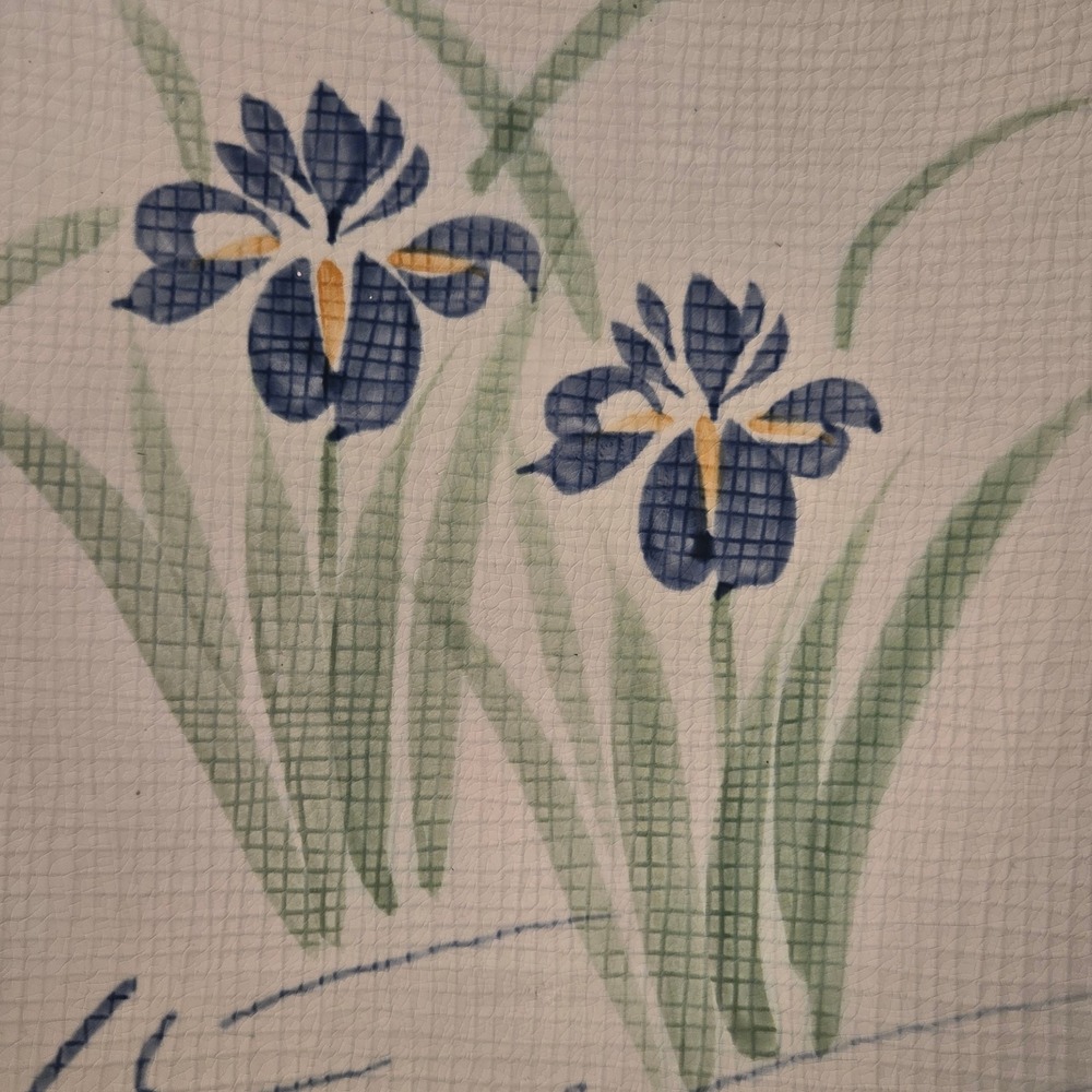 Ono Japan Ceramic Plate Blue Iris Floral Hand Painted Crackle Glaze Vtg 12.25" - Picture 2 of 9